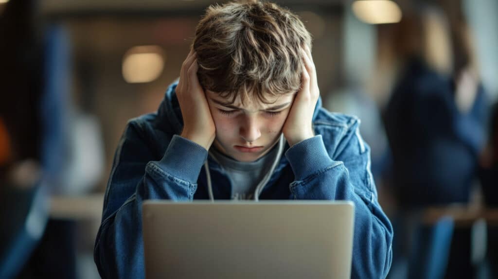Anxious student holding his hands on either side of his head