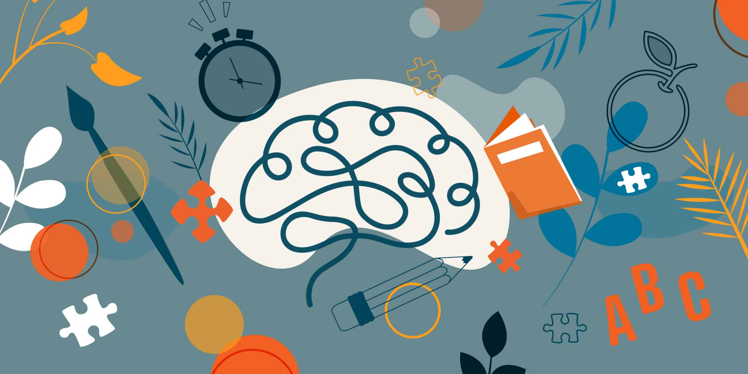 decorative graphic of a brain and school related icons