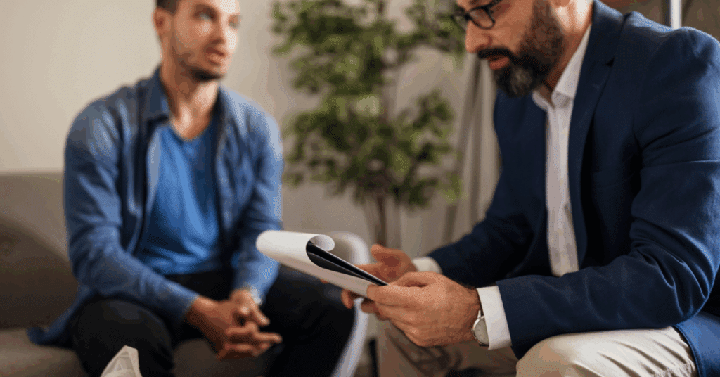 A mobile crisis therapist works with a patient.